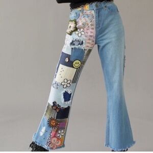BDG jeans patchwork raw hem craft flare urban outfitters NEW crochet